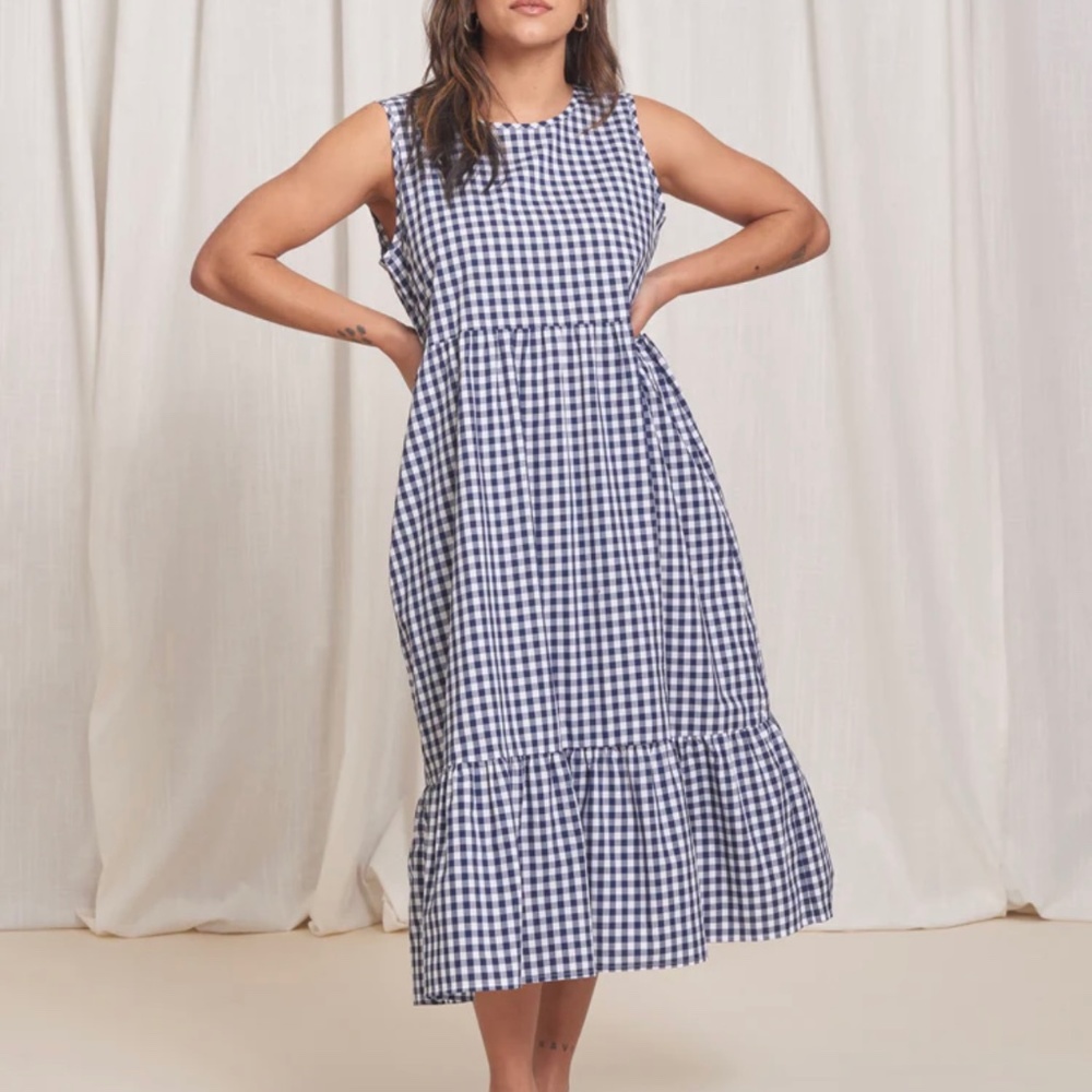 Tradlands BIRDIE SLEEVELESS DRESS GINGHAM NAVY Small